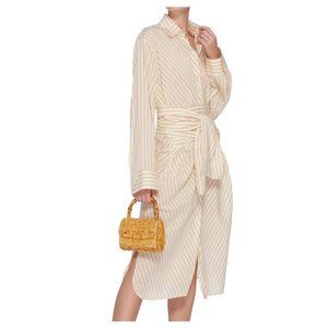 $560 Arje Lina Woven Chevron Striped Draped Tie Waist Silk Midi Shirt Dress S